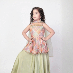 Girls’ Festive Peplum Sharara Set, Multicolor Top & Pastel Green Bottom