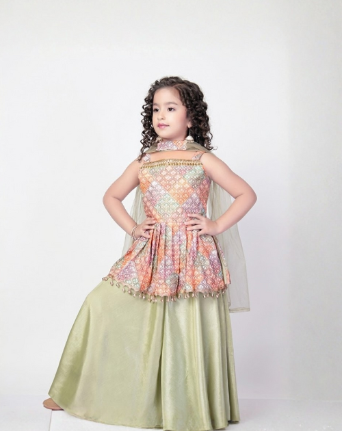 Girls’ Festive Peplum Sharara Set, Multicolor Top & Pastel Green Bottom