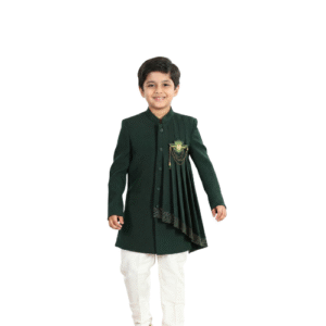 Boys’ Festive Indo-Western Set, Dark Green Coat & White Churidar