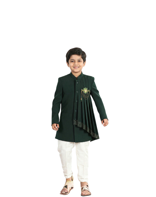 Boys’ Festive Indo-Western Set, Dark Green Coat & White Churidar
