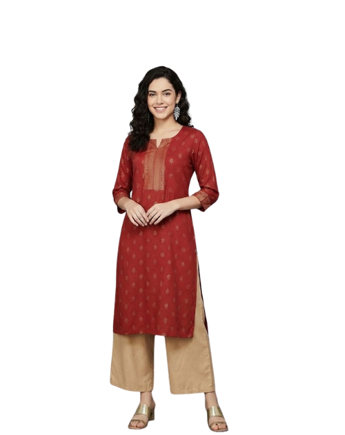 Rust Red Printed Kurti Straight Fit